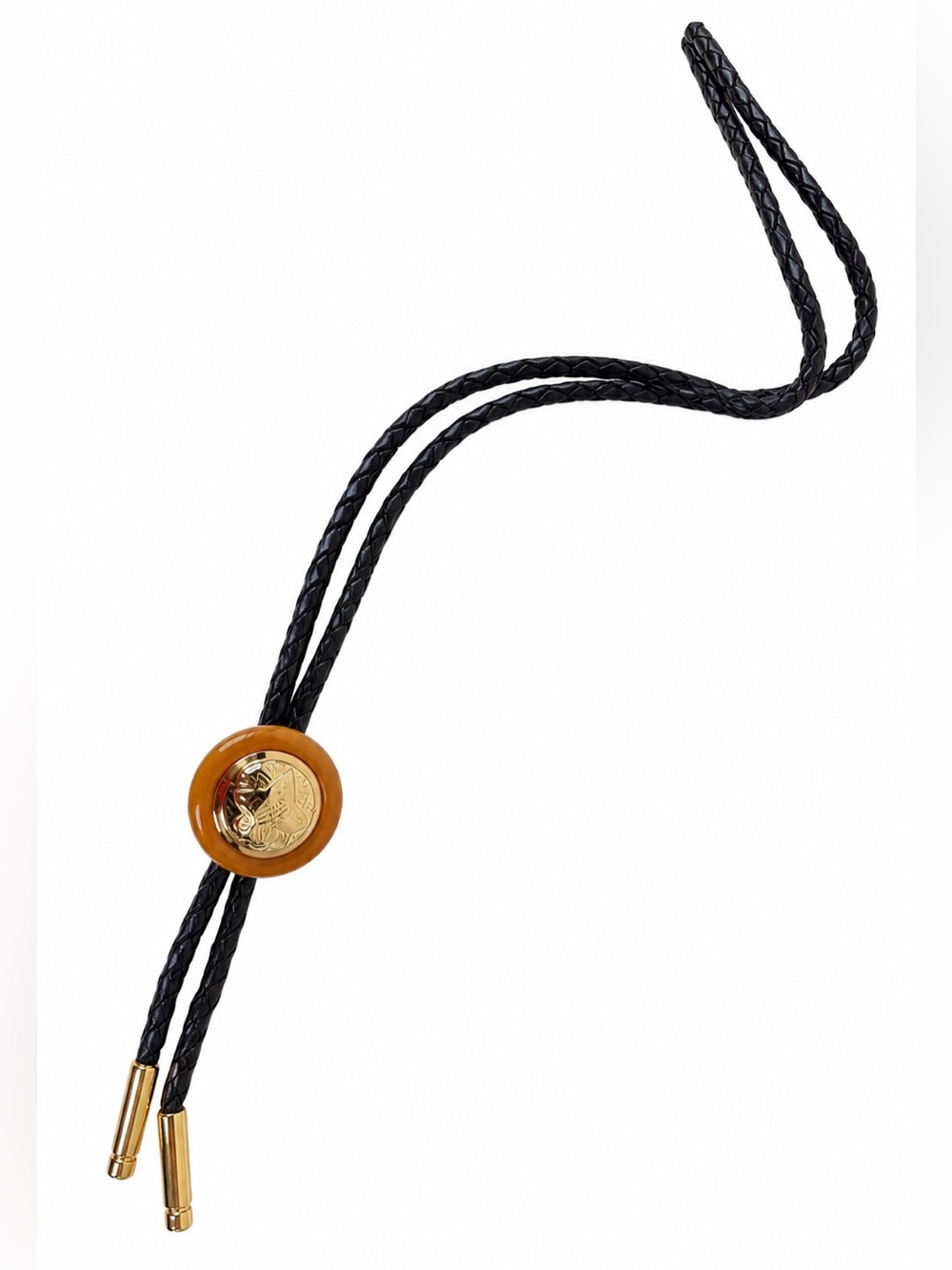 Vintage Bolo Tie Black Braided Cord Gold Tone Cameo Medallion Western Unisex